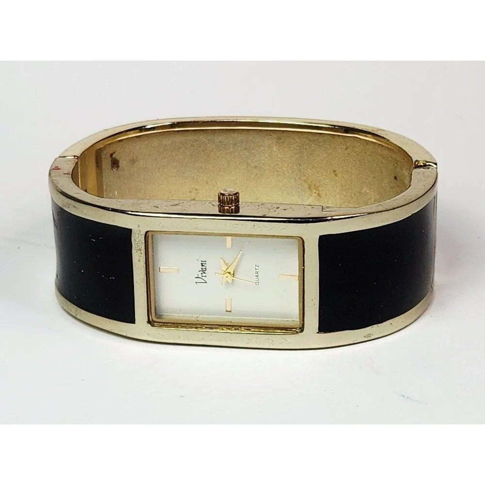 Vintage Vivani Black And Gold Tone Hinged Cuff Bracelet Watch New Battery